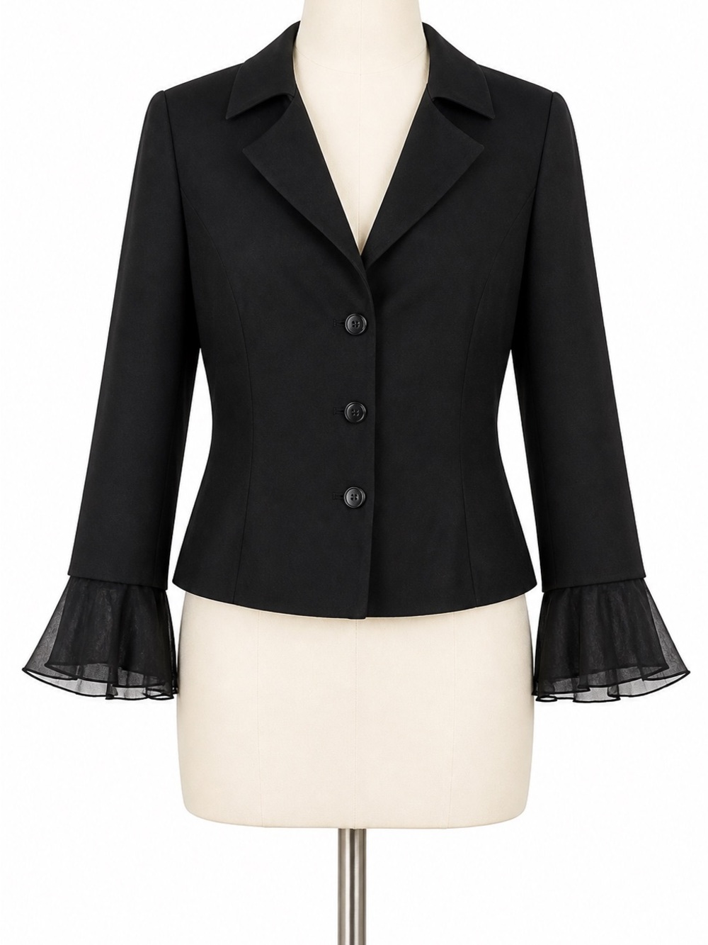 Positive Attitude Black Fitted Blazer with Sheer Ruffle‎ Sleeves, Size 10